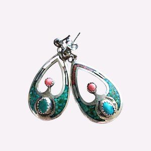 Turquoise and Jade RB Silver Drop Earrings